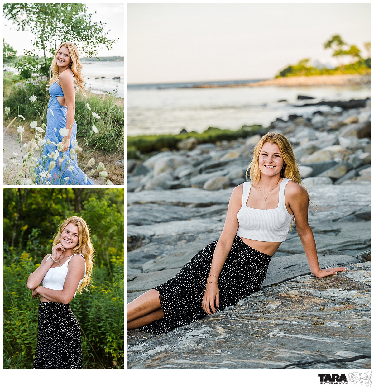 17 year old senior in high school sits on the beach for her senior portrait session in Rye New Hampshire.